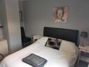 a bed with a pillow and a picture of a statue at Lewis Square Town House in Belfast