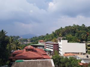 uma cidade com edifícios e árvores e uma montanha em Galaxy City Hotel em Kandy