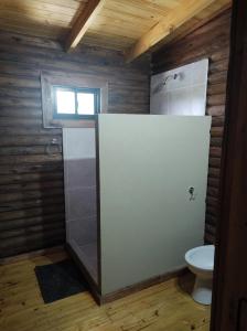 y baño con ducha y aseo. en Villa Nicolasa en Villa Yacanto