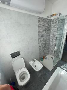 a bathroom with a toilet and a shower and a sink at ATTICO VISTA MARE in Misano Adriatico