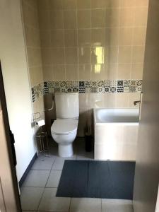 a bathroom with a toilet and a bath tub at La Petite Maison Dans la Nature in Forges