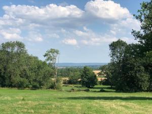 a field with trees and a sky with clouds at La Petite Maison Dans la Nature in Forges