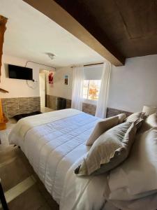 Un dormitorio con una gran cama blanca y una ventana en El Nono en General Alvear