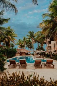 a swimming pool with chaise lounge chairs and palm trees at Petit Lafitte Beach Front Hotel & Bungalows in Playa del Carmen