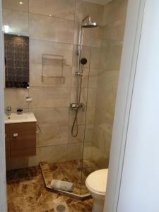 y baño con ducha, aseo y lavamanos. en Ionian residence, en Argostoli