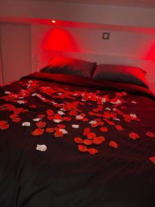 a bed with red flowers on a black blanket at Maison sud de France avec jacuzzi et sauna privé in Villeneuve-lès-Maguelonne