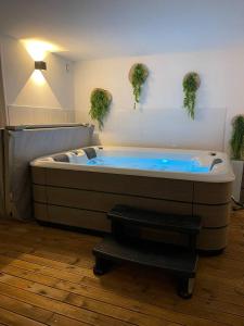 Una gran bañera azul en una habitación con plantas en Maison sud de France avec jacuzzi et sauna privé, en Villeneuve-lès-Maguelonne