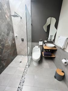La salle de bains est pourvue de toilettes, d'une douche et d'un lavabo. dans l'établissement Springhills Quito Airport, à Tababela