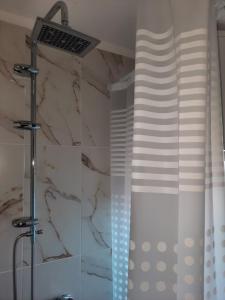 y baño con ducha y cortina de ducha. en Apartman Petković, en Višegrad