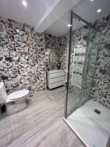 uma casa de banho com um chuveiro e um WC. em LA CASA DE LA CÁMARA em Avilés