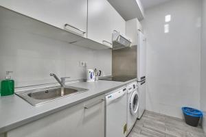 cocina blanca con fregadero y lavavajillas en Núñez de Arce habitaciones, en Madrid