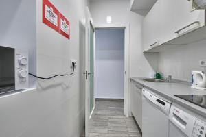 una pequeña cocina con fregadero y microondas en Núñez de Arce habitaciones, en Madrid