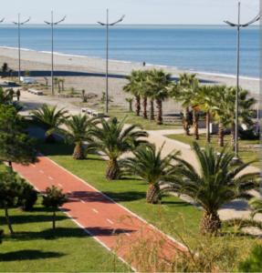 a beach with palm trees and a sidewalk and the ocean at BatumiBliss1 in Batumi