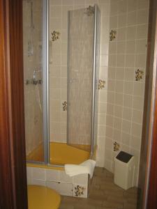 La salle de bains est pourvue d'une douche avec un banc et de toilettes. dans l'établissement Hotel am Weißdornbusch, à Gifhorn
