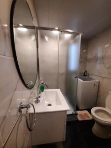 a bathroom with a shower and a sink and a toilet at Departamento Brown - zona centro in Mar del Plata