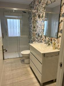 a bathroom with a toilet and a sink and a shower at LA CASA DEL MUELLE in Avilés