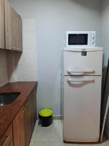 a microwave on top of a refrigerator in a kitchen at Departamento Brown - zona centro in Mar del Plata