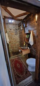 een badkamer met een toilet en een stenen muur bij CasaGeo Cheile Nerei in Socolari