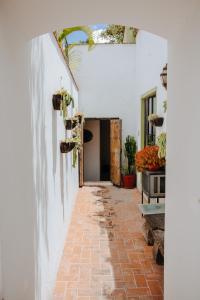 a hallway of a house with a brick walkway at Casa Quetzal in San Miguel de Allende