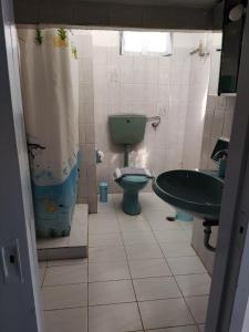 a bathroom with a green toilet and a sink at Kea Guesthouse in Ioulida