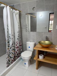 a bathroom with a toilet and a sink and a shower at Hotel Padua in Chachagüí