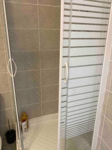 een douche met een glazen deur in de badkamer bij Le Berlioz-Studio-Clim-Wifi-Balcon in Béziers