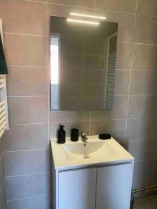 a bathroom with a sink and a mirror at Le Berlioz-Studio-Clim-Wifi-Balcon in Béziers