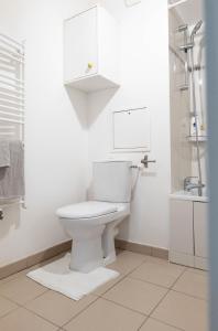a white bathroom with a toilet and a shower at Golden Location in Bagnolet