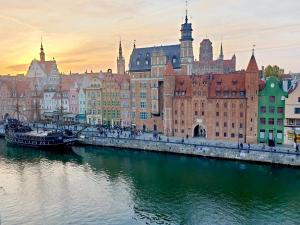 vistas a una ciudad con río y edificios en Water Harmony Chmielna en Gdansk