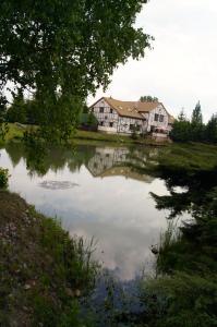 a house is reflected in a pond in front of a house at Złota Rybka in Glinojeck