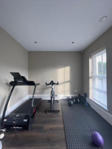 a gym with a treadmill and a bike in a room at Roe Retreat 