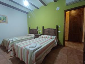 2 camas en una habitación con paredes verdes en CASA RURAL CURTIDORES, en El Batán