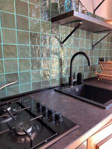 a kitchen counter with a stove and a sink at Flat in front of National Park in Borjomi