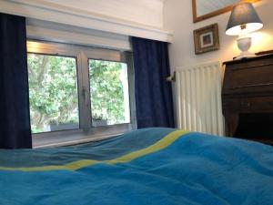 sypialnia z niebieskim łóżkiem i oknem w obiekcie cosy small FLAT in Antwerp near Justice Palace w Antwerpii
