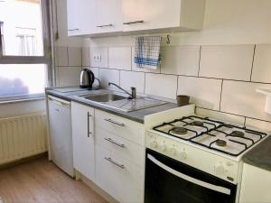 a white kitchen with a stove and a sink at cosy small FLAT in Antwerp near Justice Palace in Antwerp