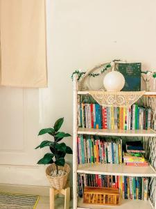 una estantería llena de libros en una habitación con una planta en Nhunjai House - บ้านหนุนใจ, en Chiang Rai