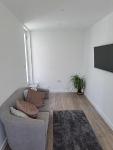 a living room with a couch and a flat screen tv at Sylvan Seas in Whitwell