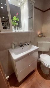 ein Badezimmer mit einem weißen Waschbecken und einem WC in der Unterkunft Ferienwohnung-Schluecke in Bad Frankenhausen