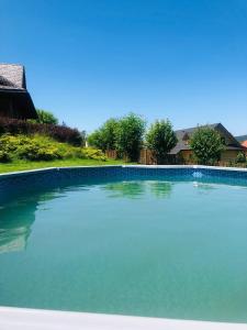 una gran piscina de agua en un patio en Domy całoroczne Osada na Górce, en Ustrzyki Dolne