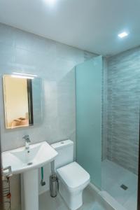 a bathroom with a toilet and a sink and a shower at Khata's cozy place in Bakuriani