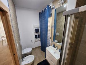 a bathroom with a toilet and a sink and a mirror at Rifugio di Mare - Appartamento Vasto Marina in Vasto