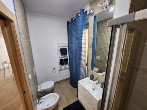 La salle de bains est pourvue de toilettes, d'un lavabo et d'un miroir. dans l'établissement Rifugio di Mare - Appartamento Vasto Marina, à Vasto