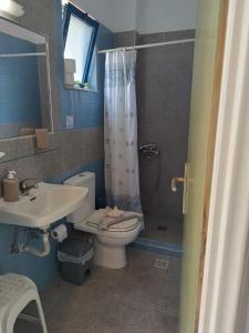 La salle de bains est pourvue de toilettes, d'une douche et d'un lavabo. dans l'établissement Mina Studios, à Kardamaina