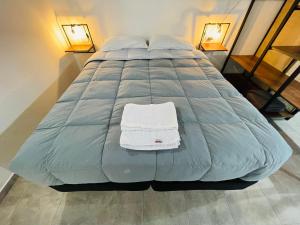 a large bed with a blue comforter and two lamps at Monoambientes El viejo Olivo in Villa Unión