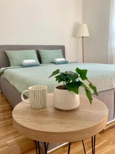 Un pat sau paturi într-o cameră la HM Apartments