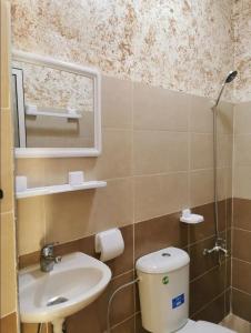 bagno con lavandino, servizi igienici e specchio di Appartement aboubakr ahayek a Chefchaouen