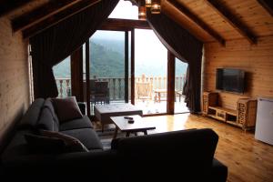 Una sala de estar con un sofá y una ventana grande. en Asmoca Bungalov, en Rize