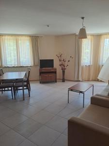 a living room with a couch and a table and a television at Apartment 322, Villa Park in Borovets