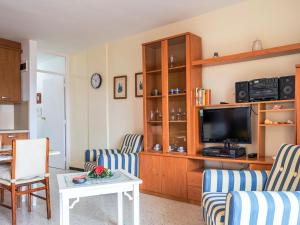 波里斯德阿沃納的住宿－Live el Poris chinchorro，客厅配有两把椅子和电视