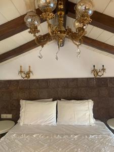 a bedroom with a bed with a chandelier at ST NIKOLA PANORAMIC SUITES HALKIDIKI in Agios Nikolaos